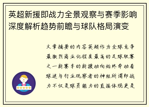 英超新援即战力全景观察与赛季影响深度解析趋势前瞻与球队格局演变