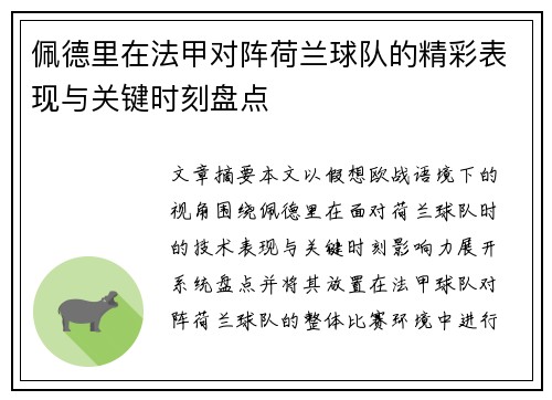 佩德里在法甲对阵荷兰球队的精彩表现与关键时刻盘点