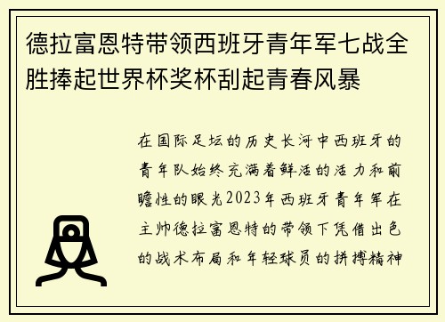 德拉富恩特带领西班牙青年军七战全胜捧起世界杯奖杯刮起青春风暴