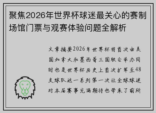 聚焦2026年世界杯球迷最关心的赛制场馆门票与观赛体验问题全解析
