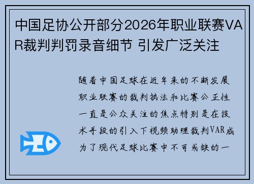 中国足协公开部分2026年职业联赛VAR裁判判罚录音细节 引发广泛关注